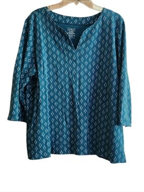 L.L. Bean Pima Cotton Teal Patterned Split-Neck Women's Tunic